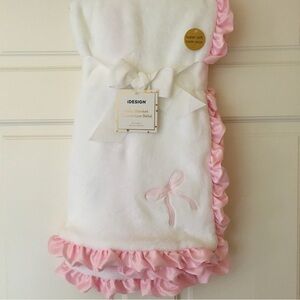 iDesign Baby Blanket with Pink Ruffle Embroidered with Bow Baby Gift Girl NWT